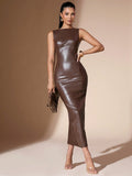 Vestido Longo Tubinho de Couro sem mangas