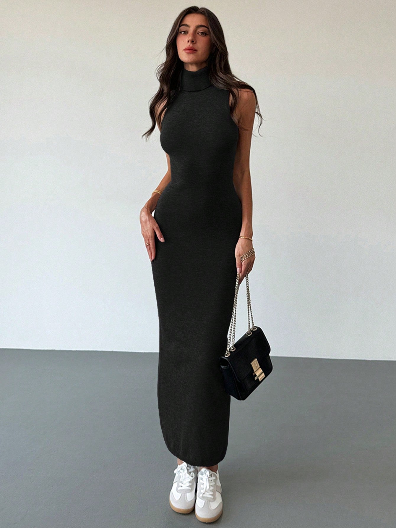 Vestido de Suéter com Gola Alta Sem Mangas