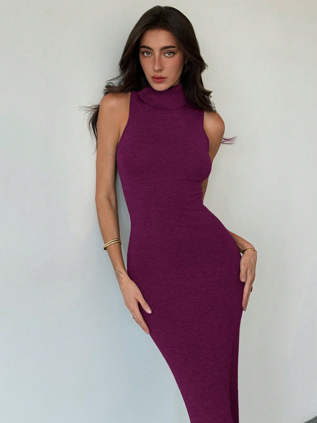 Vestido de Suéter com Gola Alta Sem Mangas