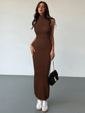 Vestido de Suéter com Gola Alta Sem Mangas