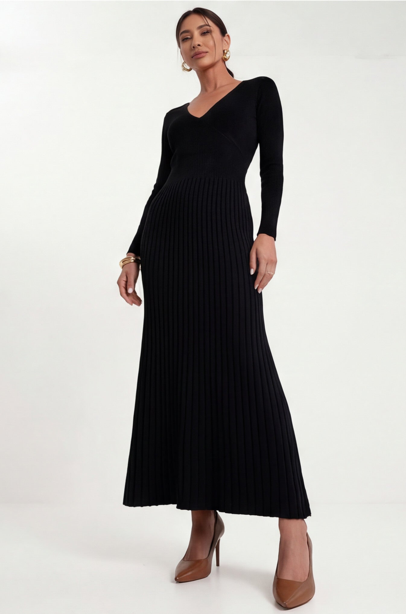 Vestido de Tricô com Bainha Plissada de Cor Sólida