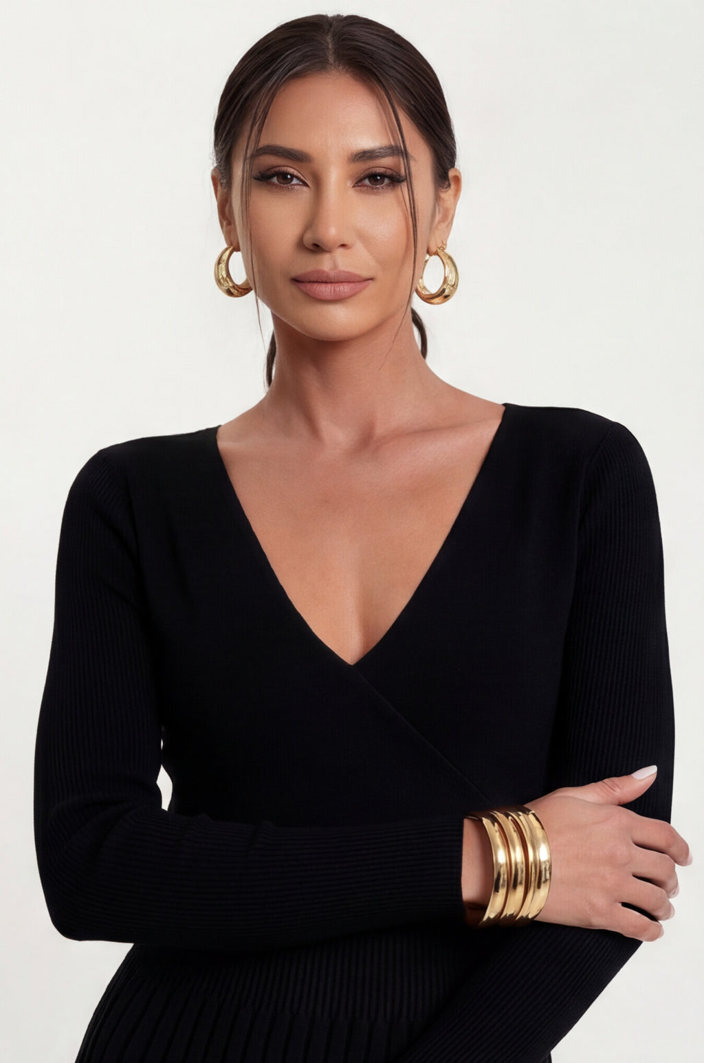 Vestido de Tricô com Bainha Plissada de Cor Sólida