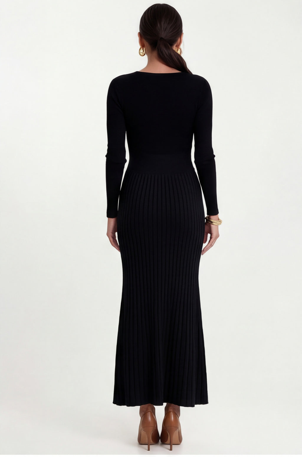 Vestido de Tricô com Bainha Plissada de Cor Sólida