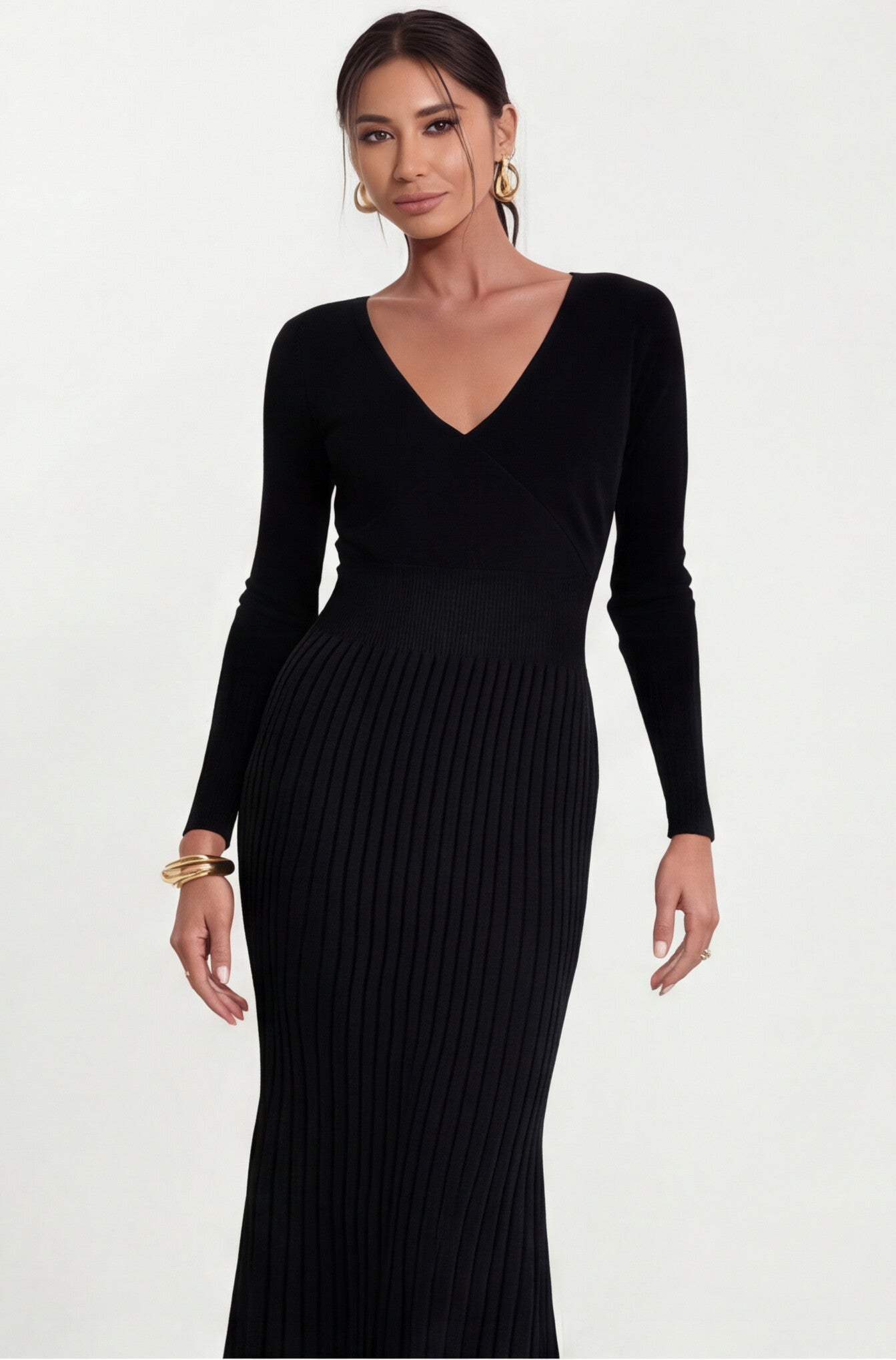 Vestido de Tricô com Bainha Plissada de Cor Sólida