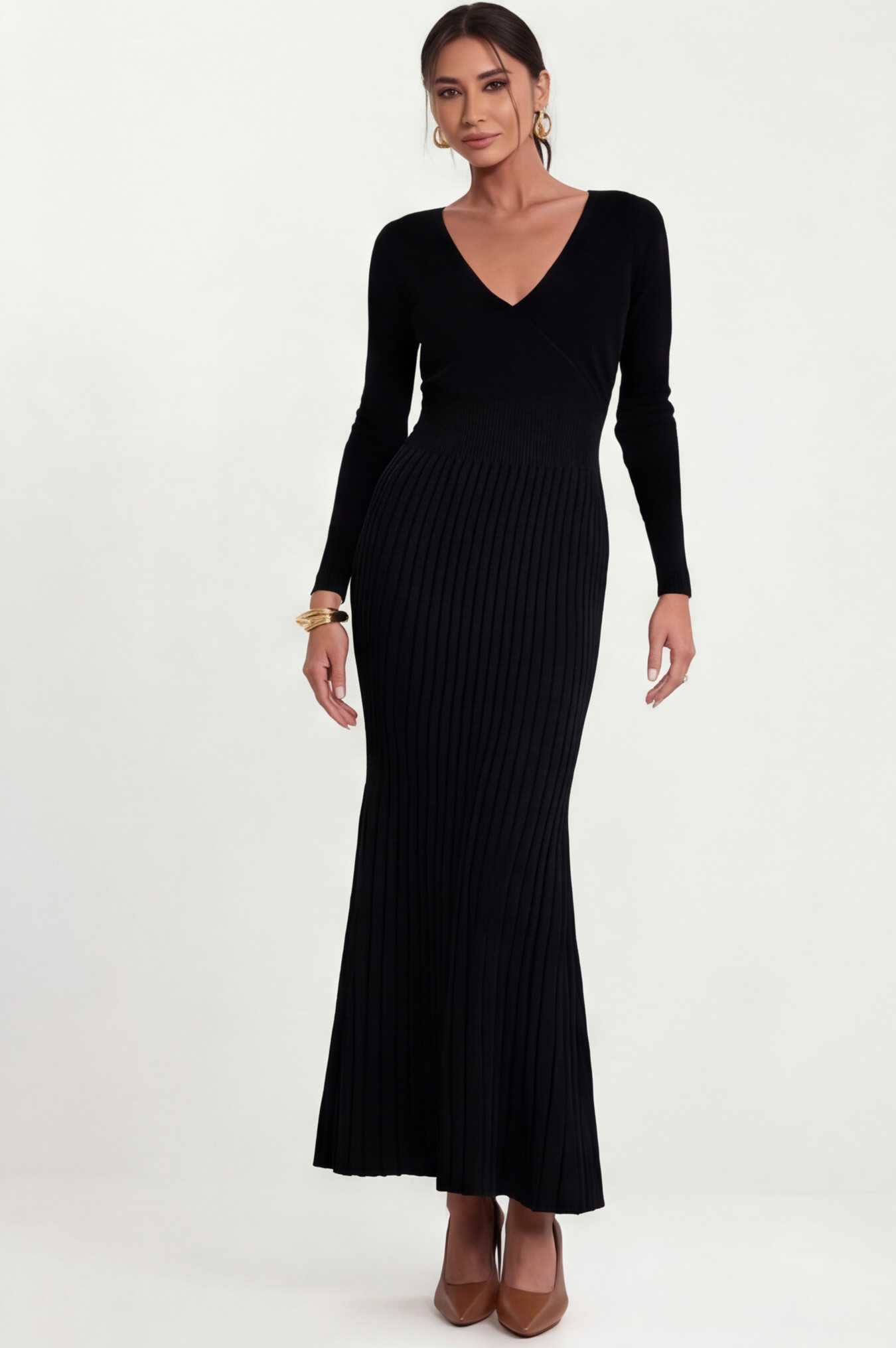 Vestido de Tricô com Bainha Plissada de Cor Sólida