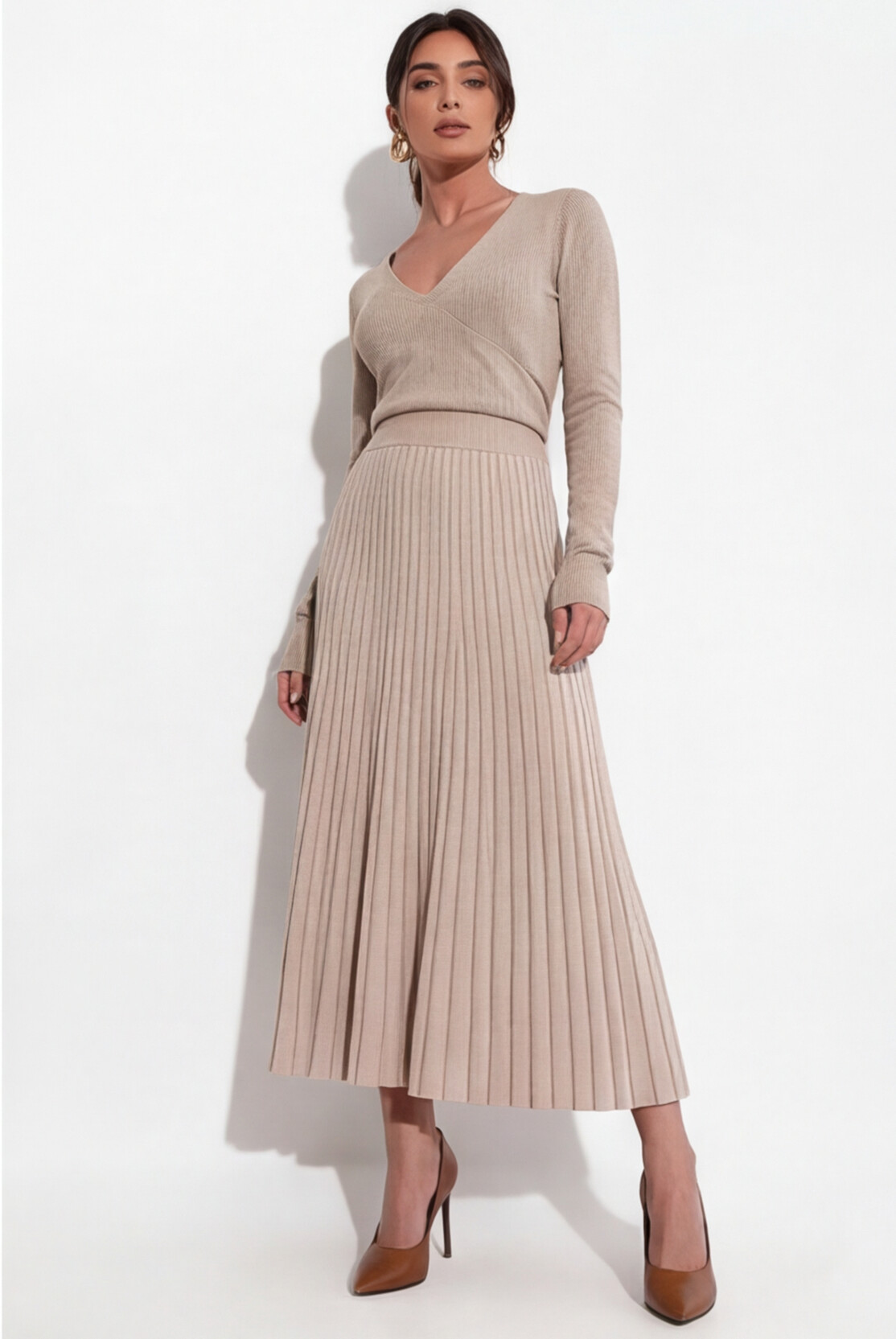 Vestido de Tricô com Bainha Plissada de Cor Sólida