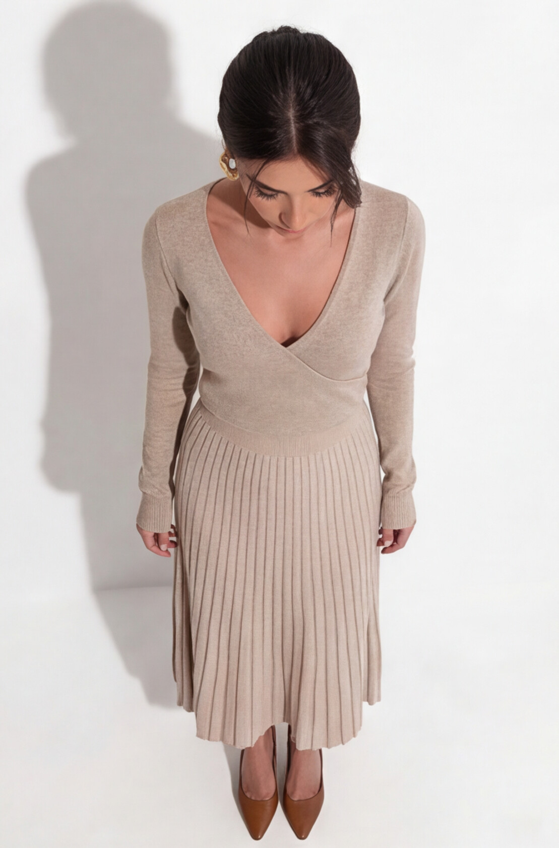 Vestido de Tricô com Bainha Plissada de Cor Sólida