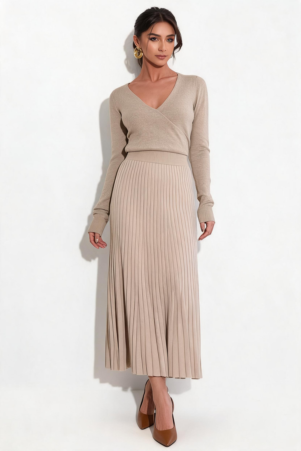 Vestido de Tricô com Bainha Plissada de Cor Sólida